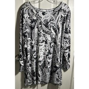 All Hours Blouse 2XL Sparkly 3/4 Sleeves Black White Floral Lightweight